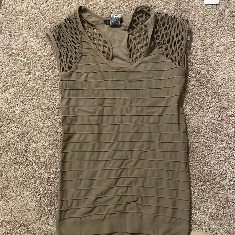 Tan nylon ribbed and mesh tank top one size fits all
